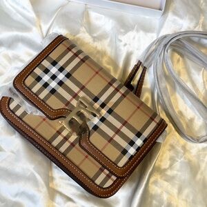 Plaid Crossbody Wallet in Beige and Brown with Gold Hardware